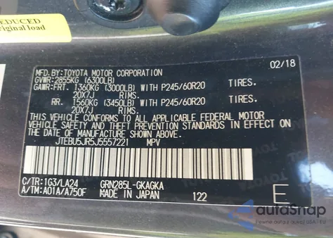 2018 Toyota 4Runner Sr5 Prem/Ltdl/Trail/Trd из США, поврежденный, VIN JTEBU5JR5J5557221